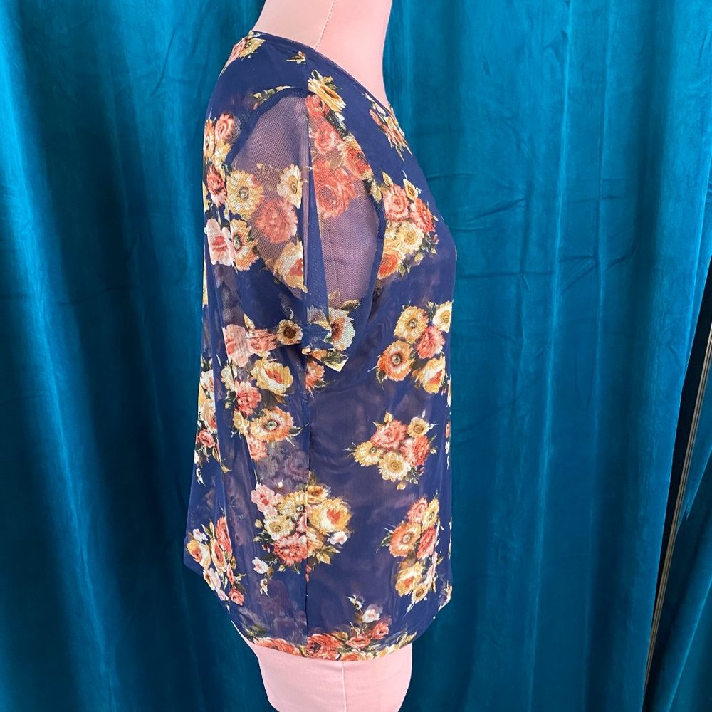 Halogen  Floral Print Short Sleeve Mesh Blouse Tops - Picture 3 of 7